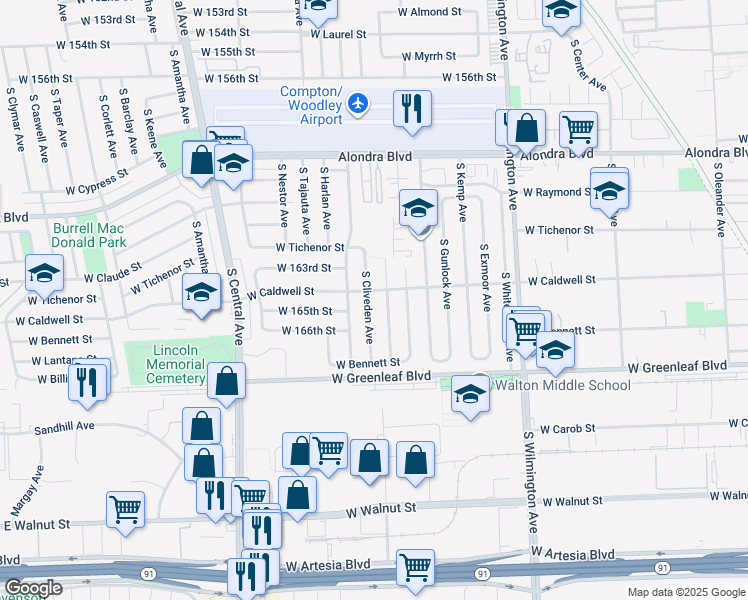 map of restaurants, bars, coffee shops, grocery stores, and more near 1306 South Cliveden Avenue in Compton