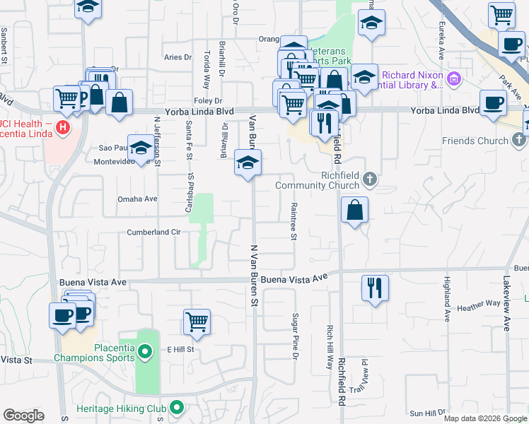 map of restaurants, bars, coffee shops, grocery stores, and more near 17342 Stafford Circle in Yorba Linda