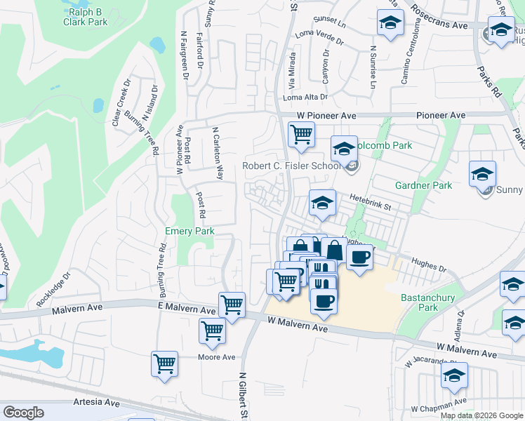 map of restaurants, bars, coffee shops, grocery stores, and more near 1146 Whitewater Drive in Fullerton
