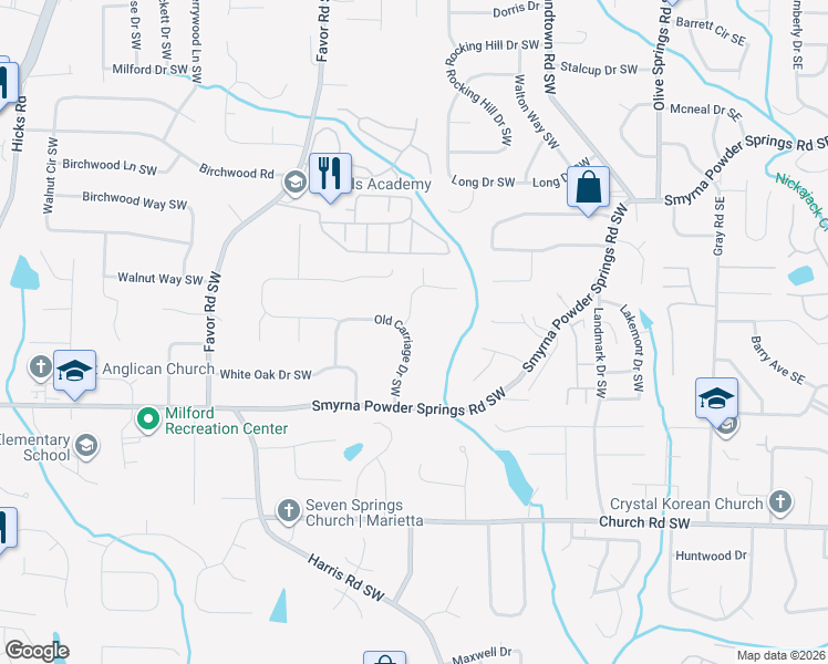 map of restaurants, bars, coffee shops, grocery stores, and more near 2810 Old Carriage Drive Southwest in Marietta