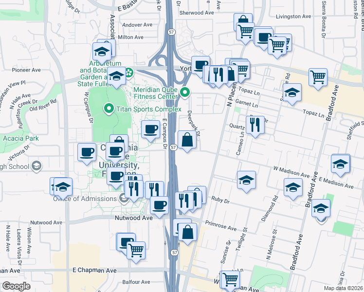 map of restaurants, bars, coffee shops, grocery stores, and more near 1225 Deerpark Drive in Fullerton