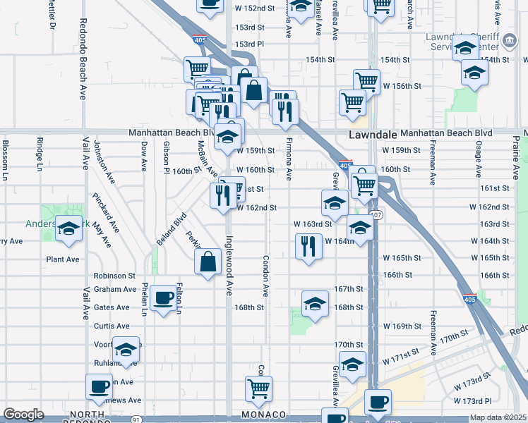 map of restaurants, bars, coffee shops, grocery stores, and more near 4702 West 162nd Street in Lawndale