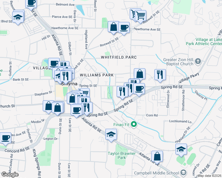 map of restaurants, bars, coffee shops, grocery stores, and more near 1554 Spring Street Southeast in Smyrna