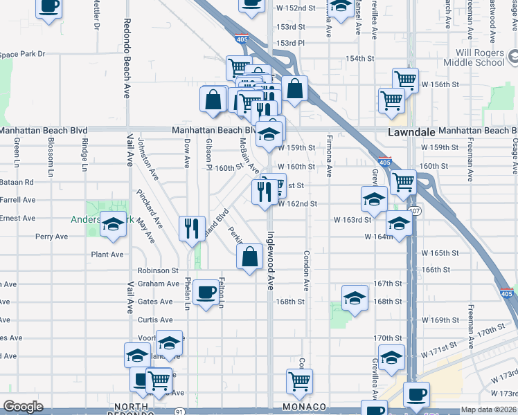 map of restaurants, bars, coffee shops, grocery stores, and more near 2812 Faber Street in Redondo Beach