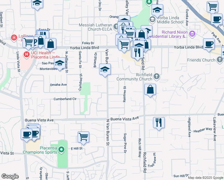 map of restaurants, bars, coffee shops, grocery stores, and more near 17342 Stafford Circle in Yorba Linda
