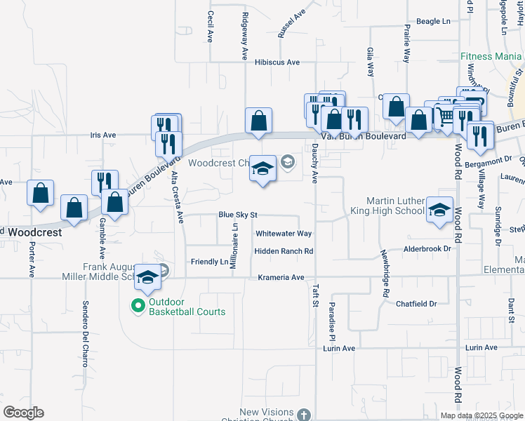 map of restaurants, bars, coffee shops, grocery stores, and more near 18326 Blue Sky Street in Riverside
