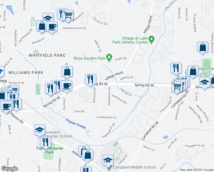 map of restaurants, bars, coffee shops, grocery stores, and more near 2860 Strathmoor Road in Smyrna