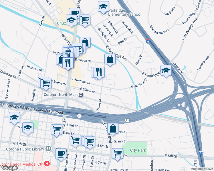 map of restaurants, bars, coffee shops, grocery stores, and more near 537 Queensland Cir in Corona