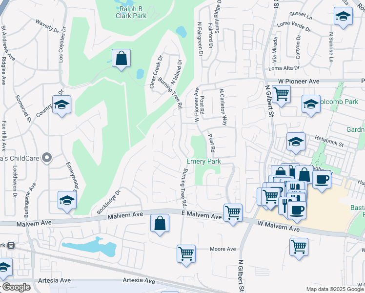 map of restaurants, bars, coffee shops, grocery stores, and more near 1245 Summersworth Place in Fullerton