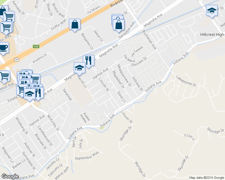 map of restaurants, bars, coffee shops, grocery stores, and more near 12670 Hollyglen Cir in Riverside