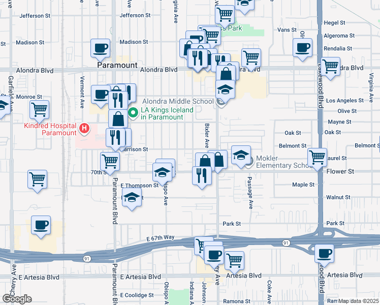 map of restaurants, bars, coffee shops, grocery stores, and more near 16607 Indiana Avenue in Paramount