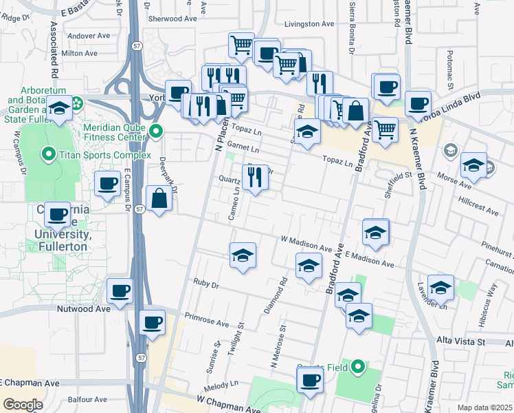 map of restaurants, bars, coffee shops, grocery stores, and more near 530 Sheree Lane in Placentia
