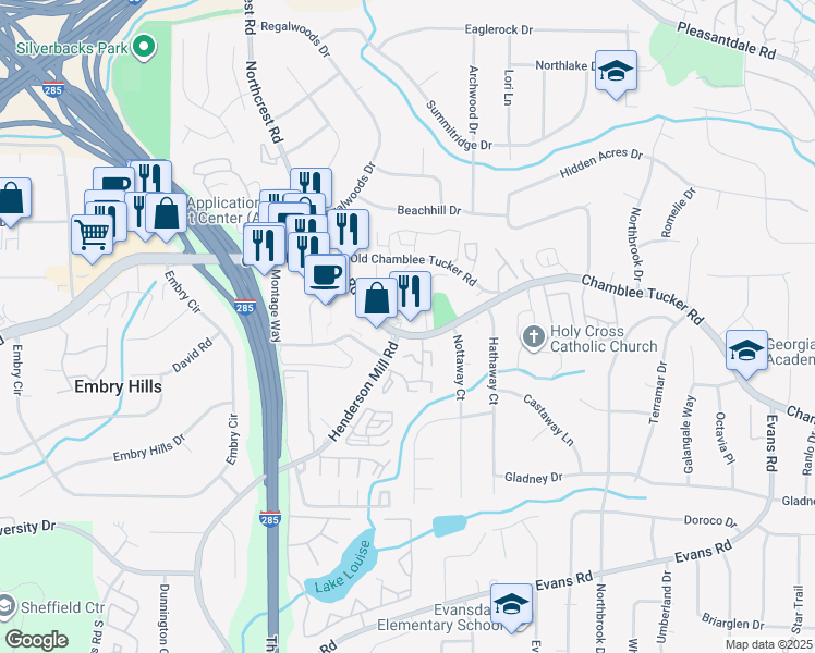 map of restaurants, bars, coffee shops, grocery stores, and more near 3662 Chamblee Tucker Road in Atlanta