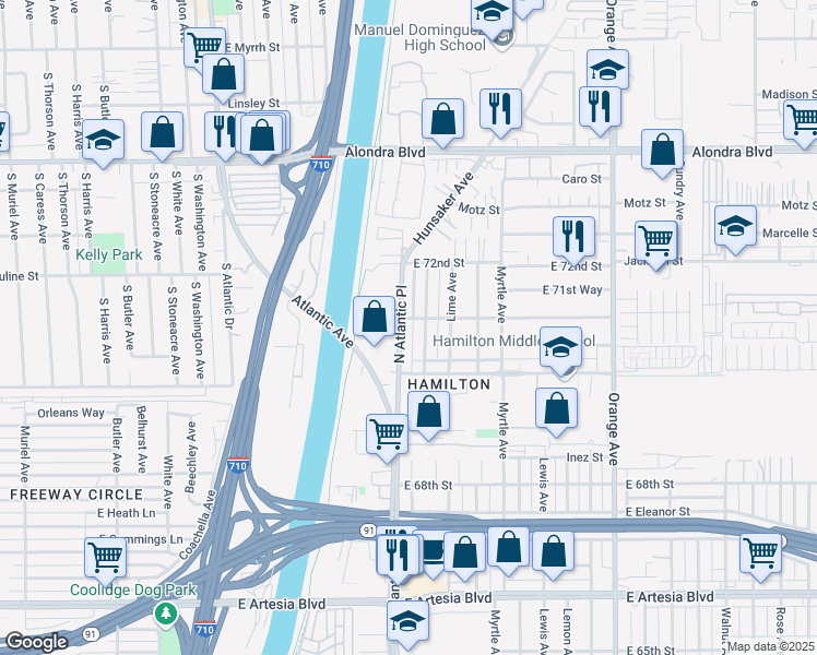 map of restaurants, bars, coffee shops, grocery stores, and more near 7090 North Atlantic Place in Long Beach