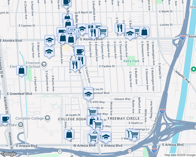 map of restaurants, bars, coffee shops, grocery stores, and more near 3744 East Wymore Street in Compton