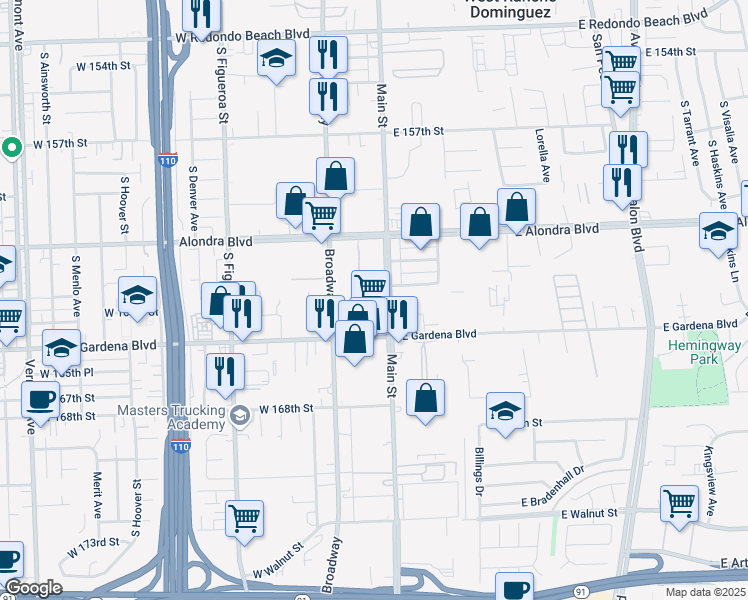 map of restaurants, bars, coffee shops, grocery stores, and more near 16351 South Main Street in Gardena