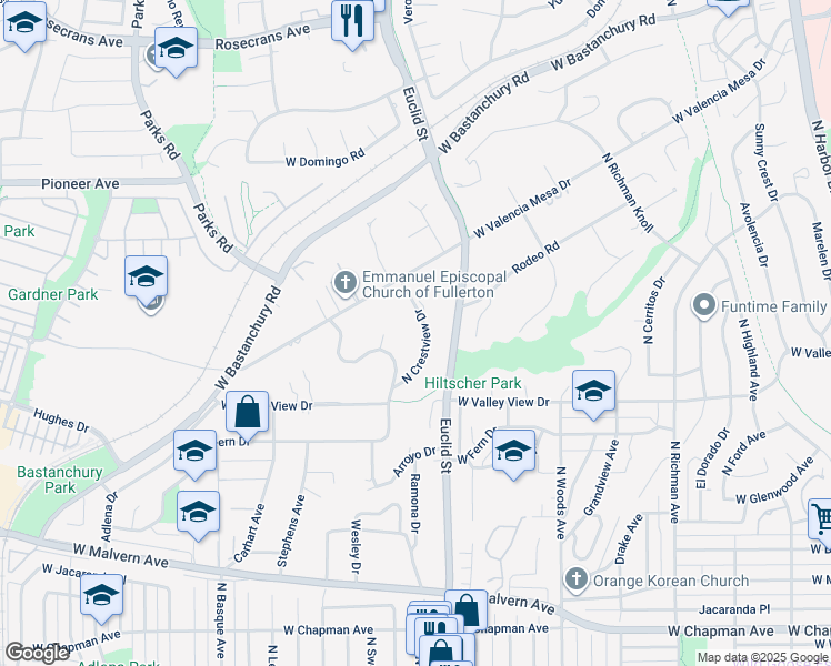 map of restaurants, bars, coffee shops, grocery stores, and more near 1075 North Crestview Drive in Fullerton