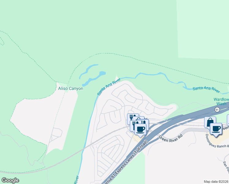 map of restaurants, bars, coffee shops, grocery stores, and more near 4875 Golden Ridge Drive in Corona