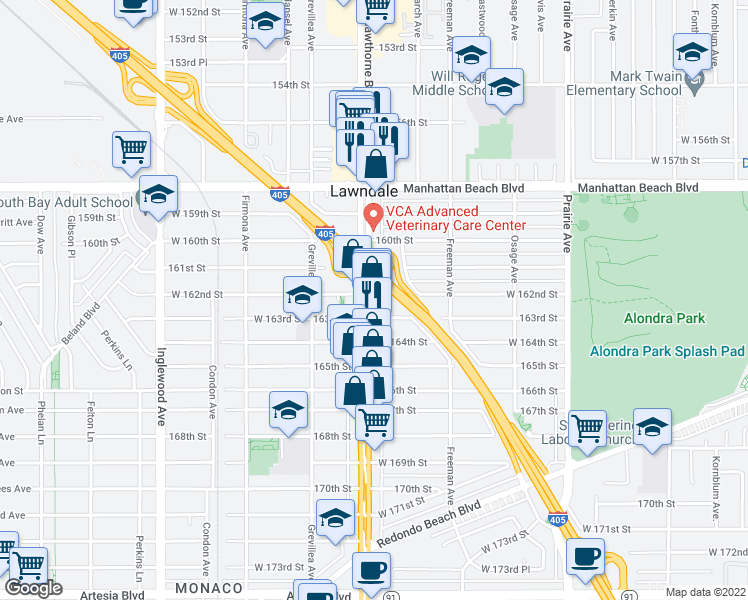 map of restaurants, bars, coffee shops, grocery stores, and more near 16200 Hawthorne Boulevard in Lawndale
