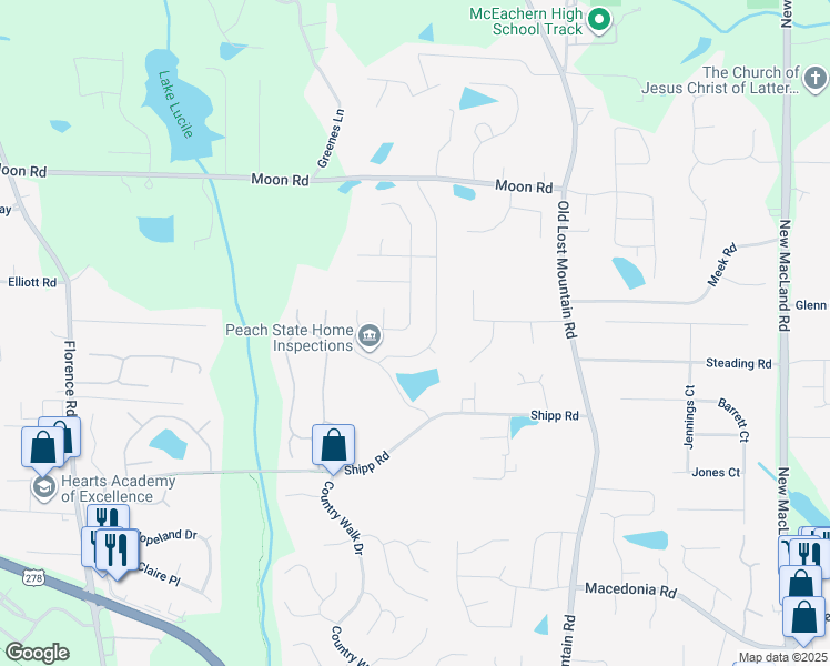 map of restaurants, bars, coffee shops, grocery stores, and more near 2739 Lost Lakes Drive Southwest in Powder Springs