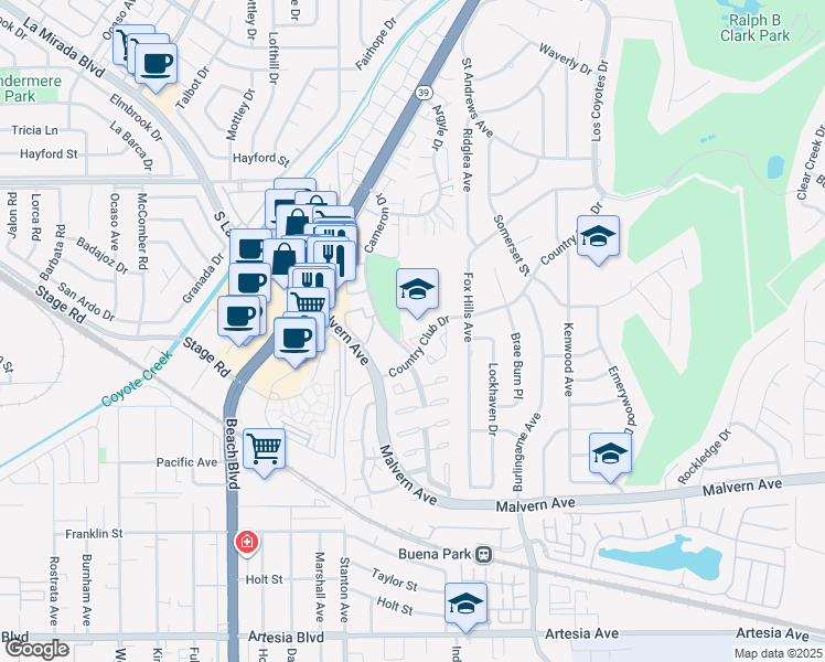 map of restaurants, bars, coffee shops, grocery stores, and more near 8201 Country Club Drive in Buena Park