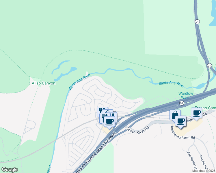 map of restaurants, bars, coffee shops, grocery stores, and more near 4712 Golden Ridge Drive in Corona