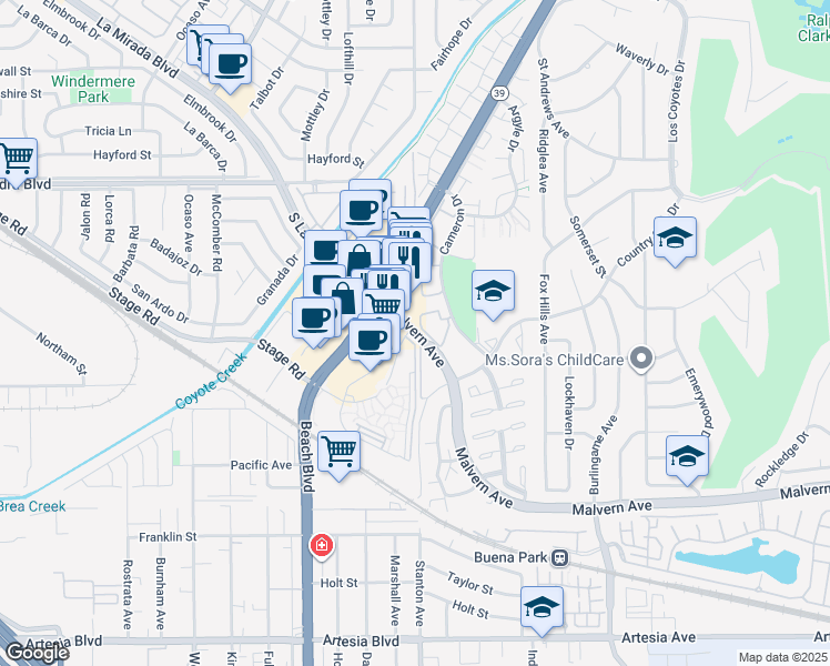 map of restaurants, bars, coffee shops, grocery stores, and more near 5325 Malvern Avenue in Buena Park