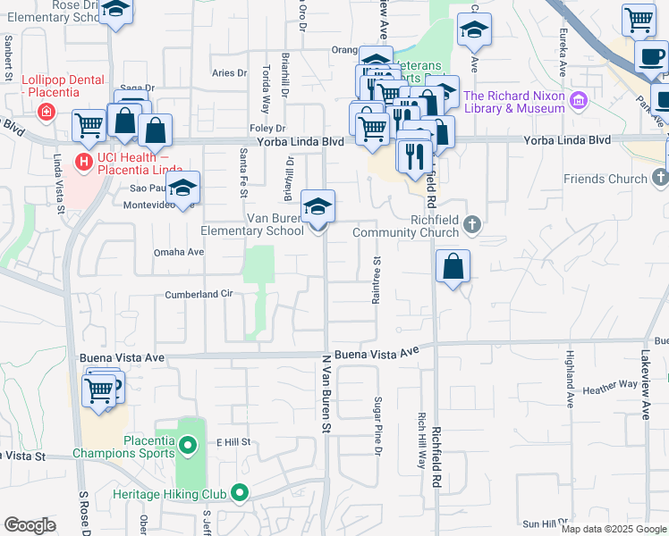 map of restaurants, bars, coffee shops, grocery stores, and more near 17332 Stafford Circle in Yorba Linda