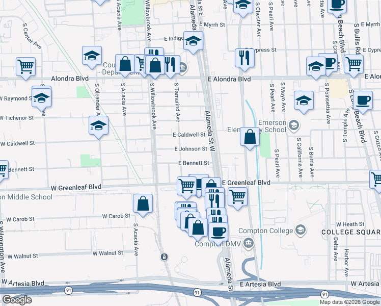 map of restaurants, bars, coffee shops, grocery stores, and more near 1400 South Tamarind Avenue in Compton