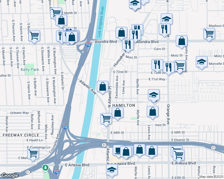 map of restaurants, bars, coffee shops, grocery stores, and more near 7090 North Atlantic Place in Long Beach