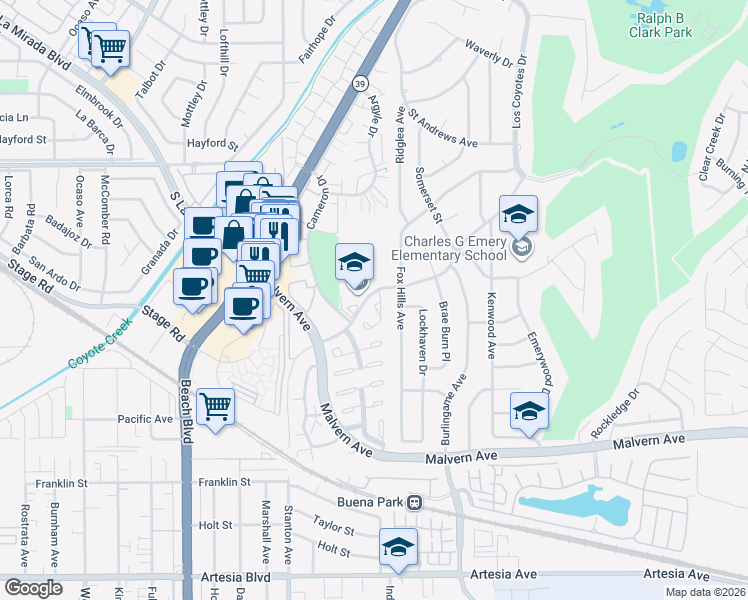 map of restaurants, bars, coffee shops, grocery stores, and more near 5349 Barrett Circle in Buena Park