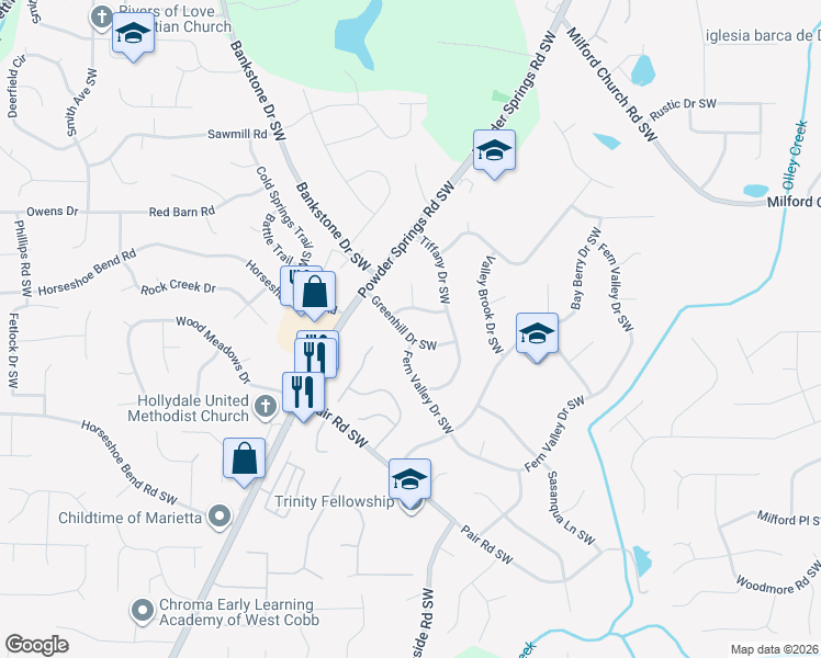 map of restaurants, bars, coffee shops, grocery stores, and more near 2134 Greenhill Drive Southwest in Marietta