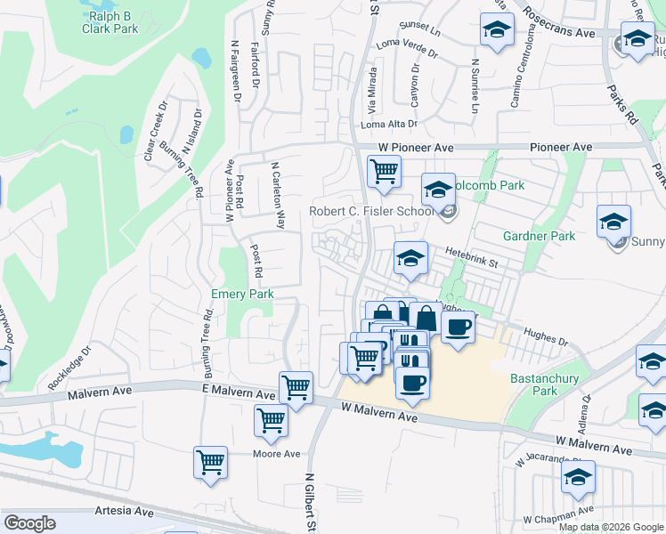 map of restaurants, bars, coffee shops, grocery stores, and more near 1146 Whitewater Drive in Fullerton