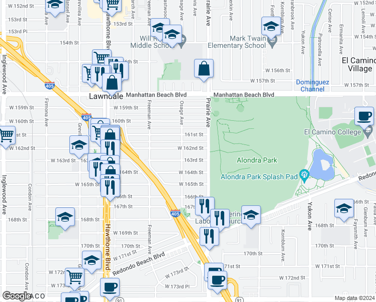 map of restaurants, bars, coffee shops, grocery stores, and more near 4050 West 162nd Street in Lawndale