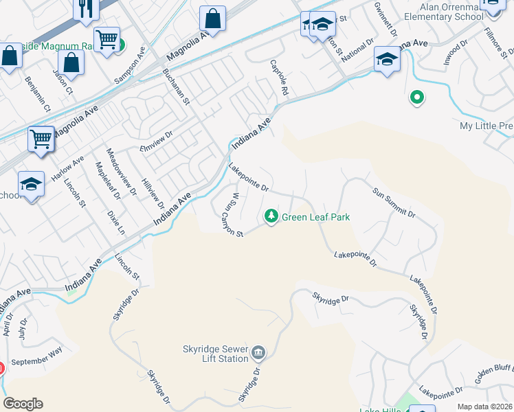 map of restaurants, bars, coffee shops, grocery stores, and more near 16279 Blossom Time Court in Riverside