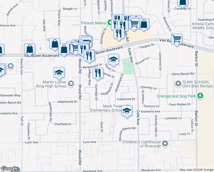 map of restaurants, bars, coffee shops, grocery stores, and more near 9223 Stephanie Street in Riverside