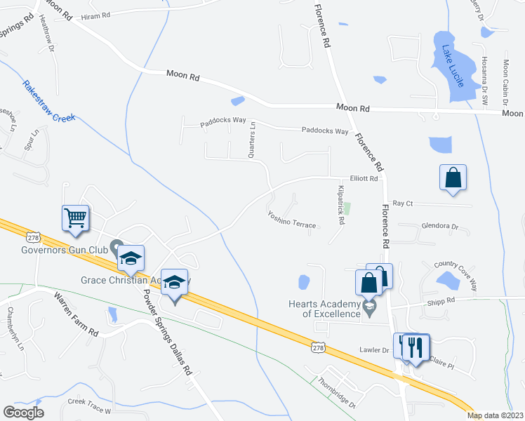 map of restaurants, bars, coffee shops, grocery stores, and more near 5337 Yoshino Terrace in Powder Springs