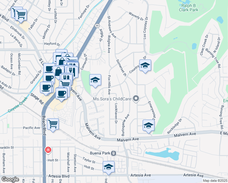 map of restaurants, bars, coffee shops, grocery stores, and more near 5354 Lockhaven Drive in Buena Park