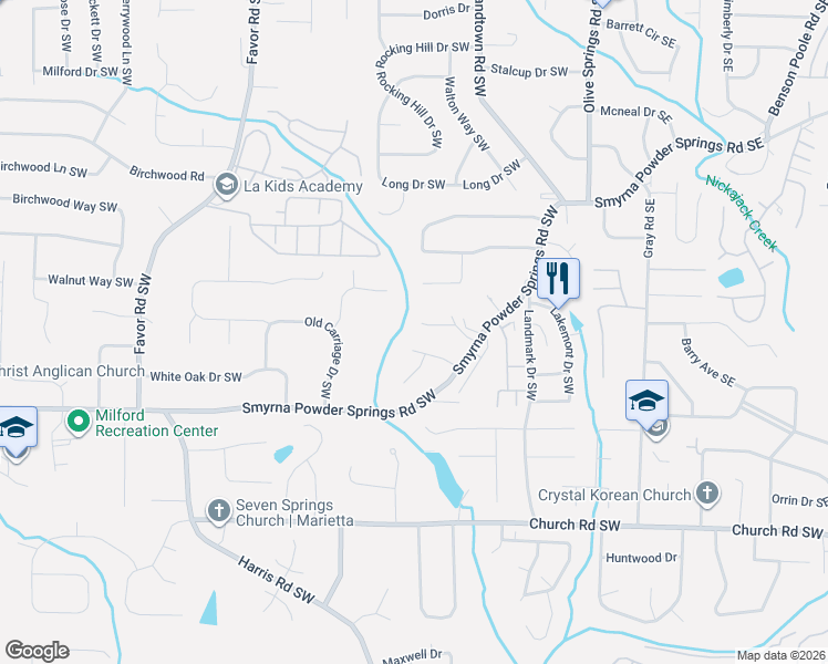 map of restaurants, bars, coffee shops, grocery stores, and more near 212 Smyrna Powder Springs Rd SW in Marietta