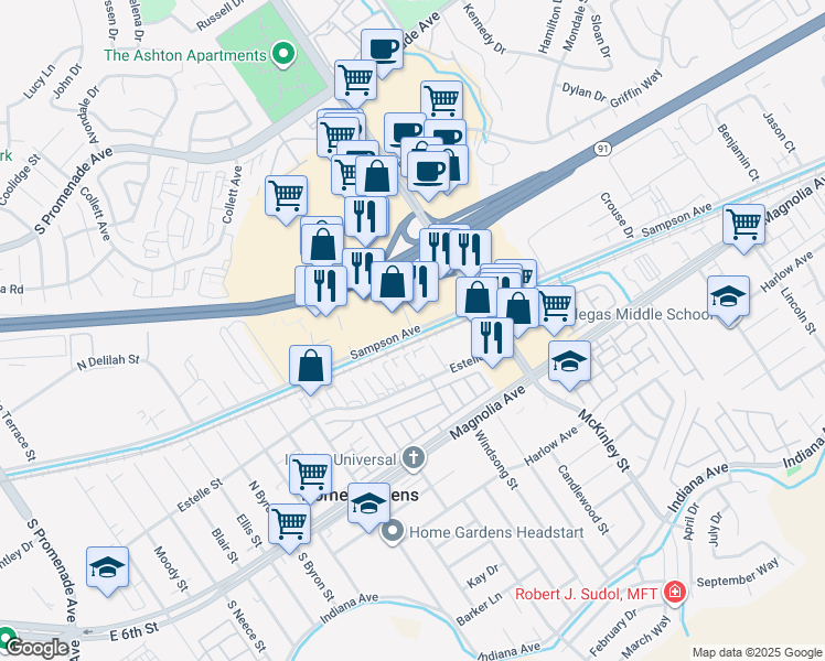 map of restaurants, bars, coffee shops, grocery stores, and more near Sampson Avenue in Corona