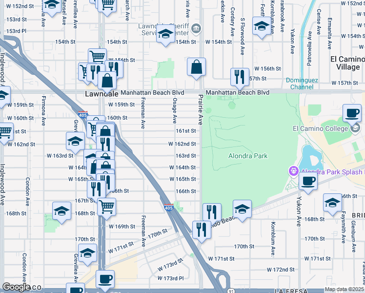 map of restaurants, bars, coffee shops, grocery stores, and more near 4046 162nd Street in Lawndale