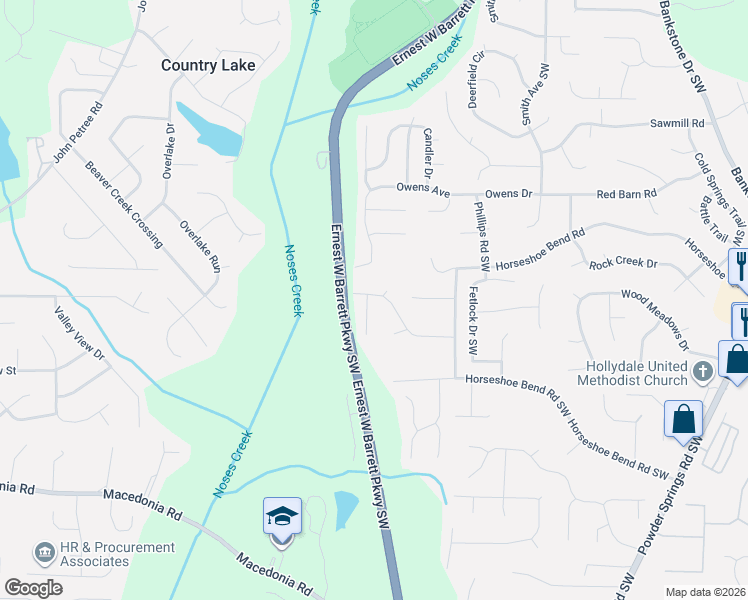 map of restaurants, bars, coffee shops, grocery stores, and more near 2901 Buckskin Trail Southwest in Marietta