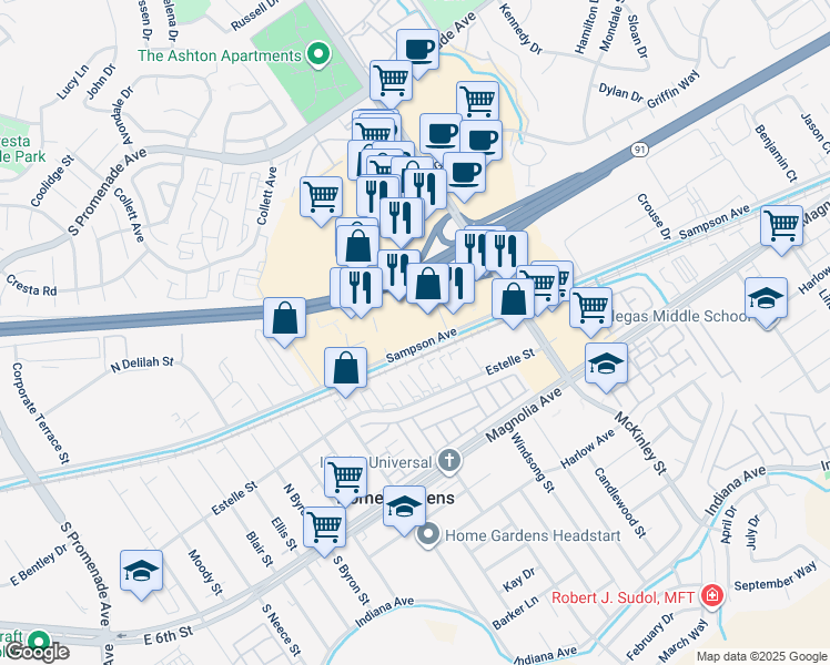 map of restaurants, bars, coffee shops, grocery stores, and more near 2185 Sampson Avenue in Corona