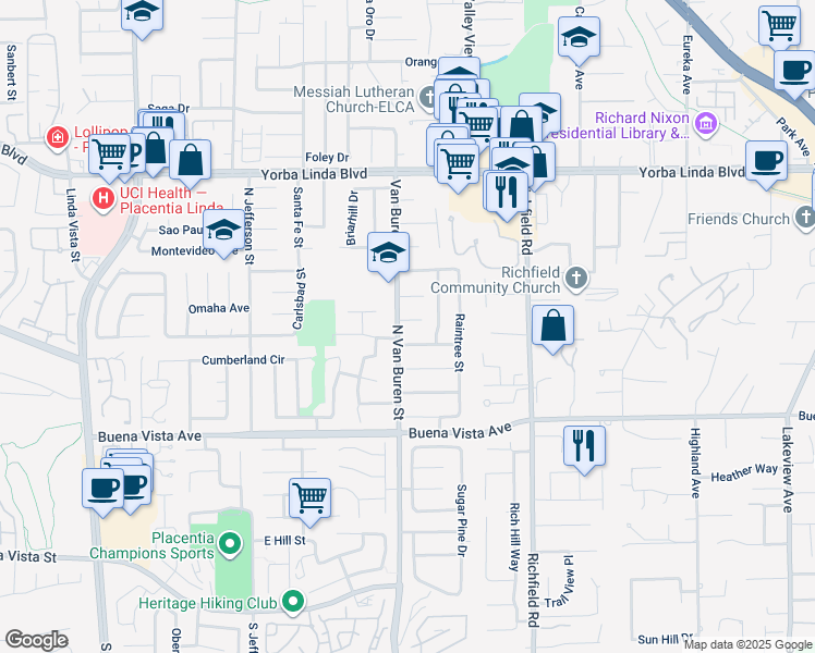 map of restaurants, bars, coffee shops, grocery stores, and more near 17332 Stafford Circle in Yorba Linda