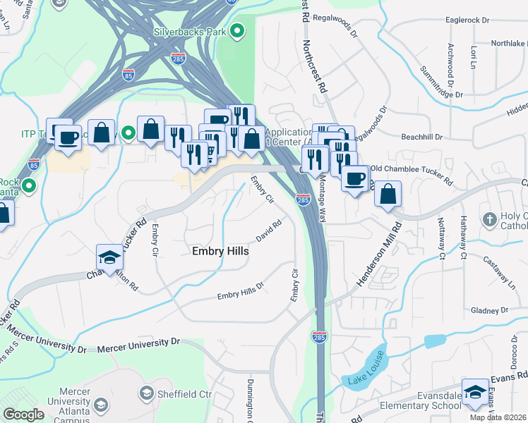 map of restaurants, bars, coffee shops, grocery stores, and more near 3309 Chase Road in Chamblee