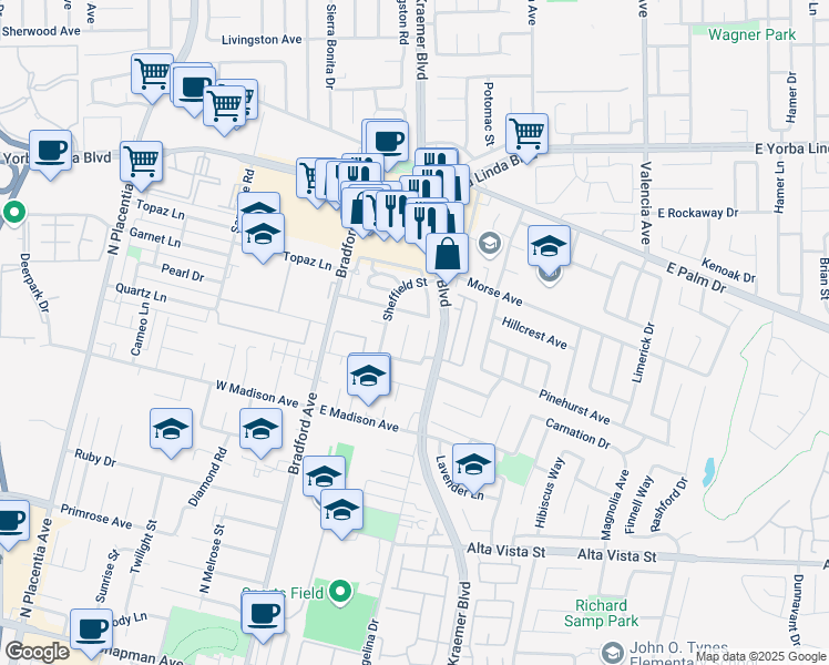 map of restaurants, bars, coffee shops, grocery stores, and more near 1130 Nottingham Way in Placentia