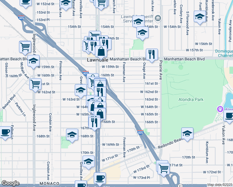 map of restaurants, bars, coffee shops, grocery stores, and more near 4228 Sombra Avenue in Lawndale
