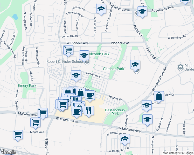 map of restaurants, bars, coffee shops, grocery stores, and more near 2062 Hetebrink Street in Fullerton