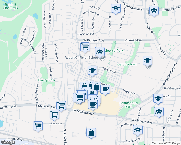 map of restaurants, bars, coffee shops, grocery stores, and more near 1294 McFadden Drive in Fullerton