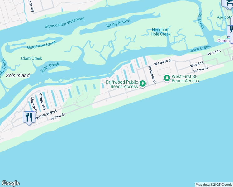 map of restaurants, bars, coffee shops, grocery stores, and more near 264 West 1st Street in Ocean Isle Beach
